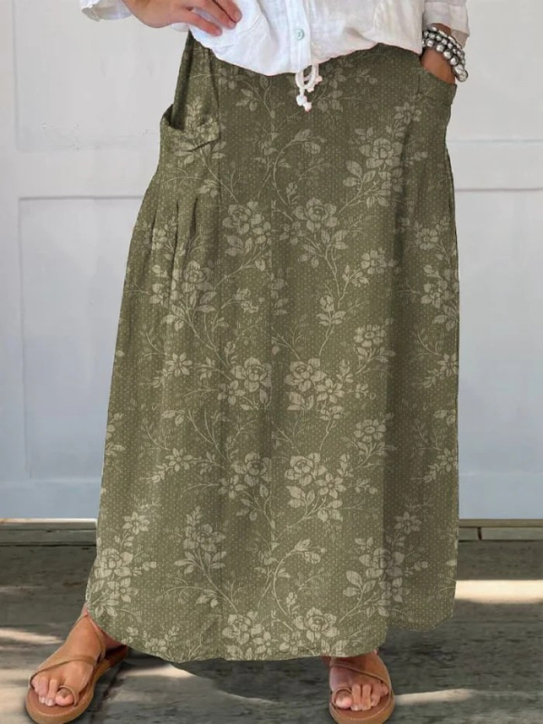 Women's Vintage Floral Linen Elastic Waistband Pocket Skirt