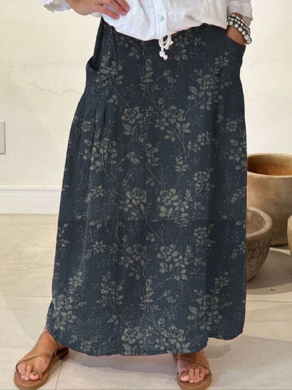 Women's Vintage Floral Linen Elastic Waistband Pocket Skirt