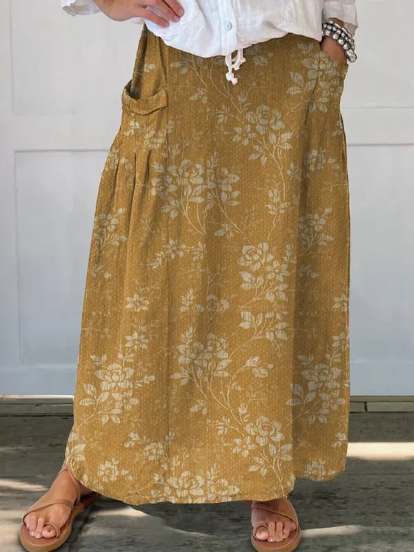 Women's Vintage Floral Linen Elastic Waistband Pocket Skirt