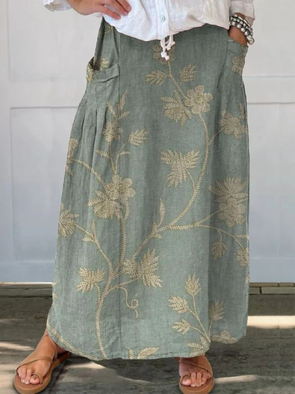 Women's Retro Elegant Floral Art Linen Elastic Waistband Pocket Skirt