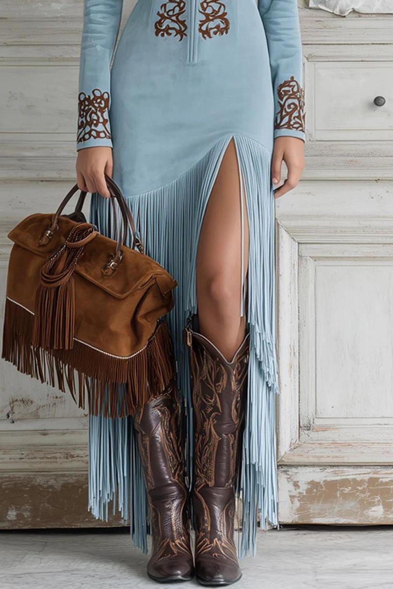 Ophelio Western Half-Zip Embroidered Faux Suede Fringe Maxi Dress