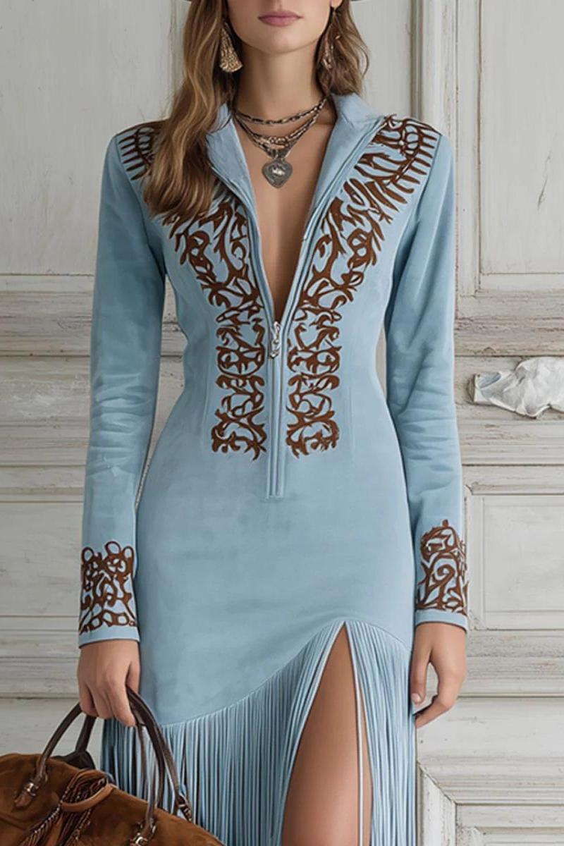 Ophelio Western Half-Zip Embroidered Faux Suede Fringe Maxi Dress