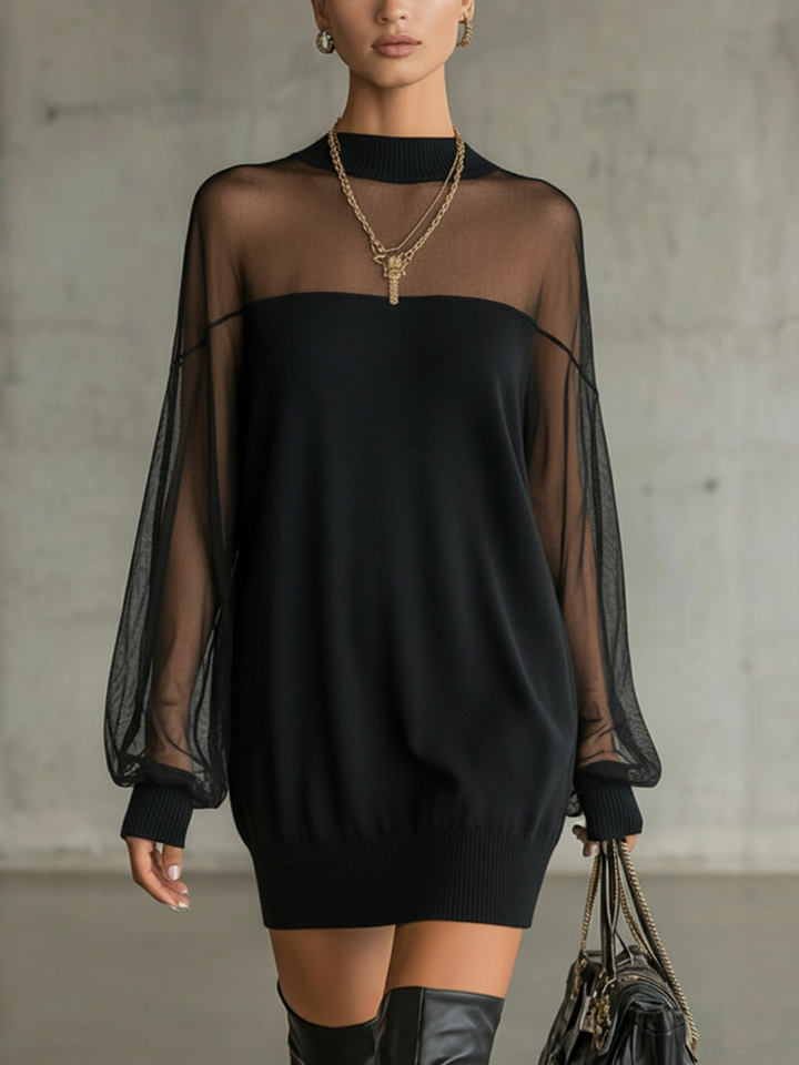 Amélie™ | Chic Black Mini Dress Featuring Mesh Sleeves