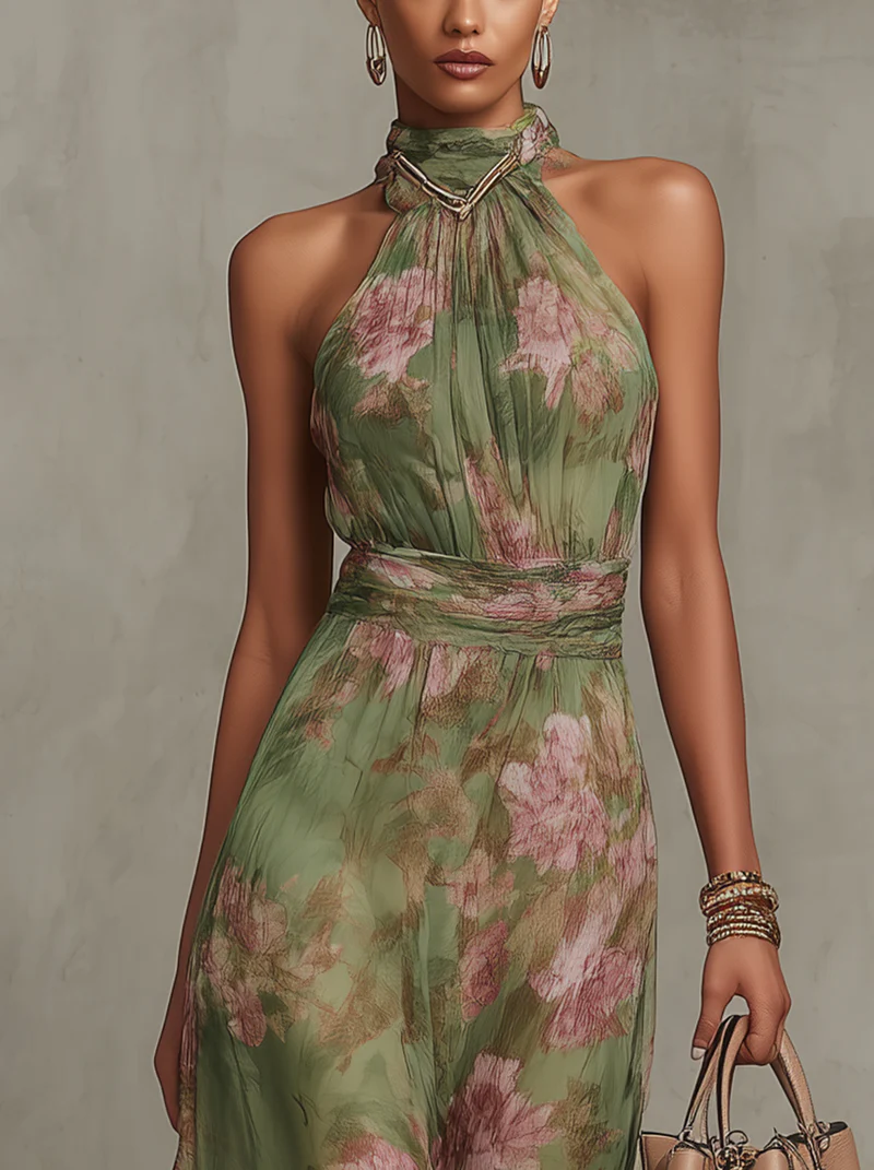 Florence | Emerald Floral Chiffon Halter Maxi Dress