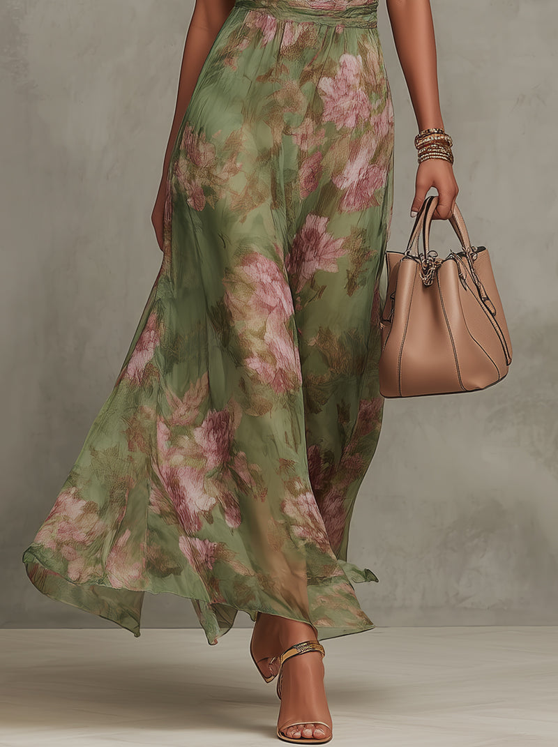 Florine™ | Floral Print Green Maxi Dress