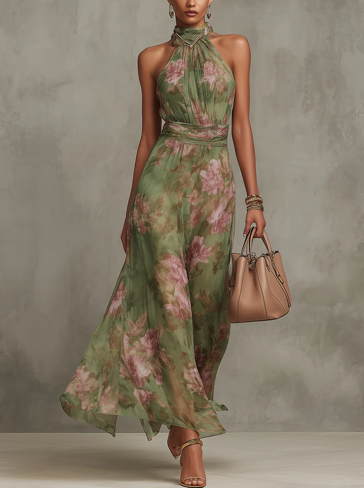 Florence | Emerald Floral Chiffon Halter Maxi Dress
