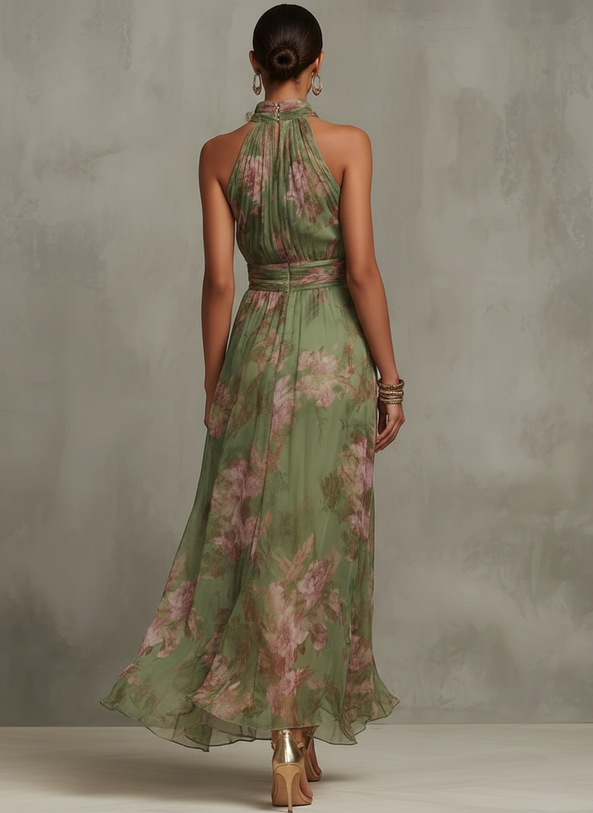 Florine™ | Floral Print Green Maxi Dress