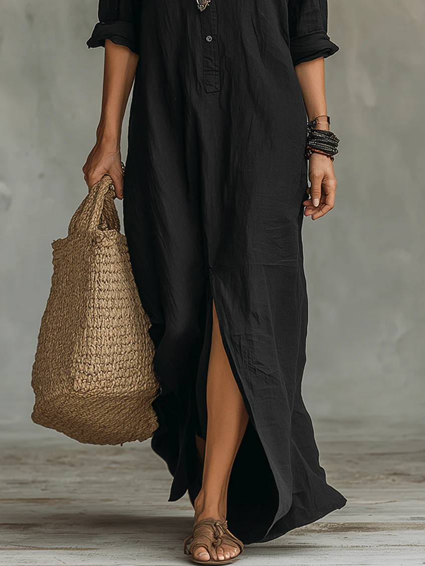 Soline™ | Relaxed Green Maxi Dress with Button Details