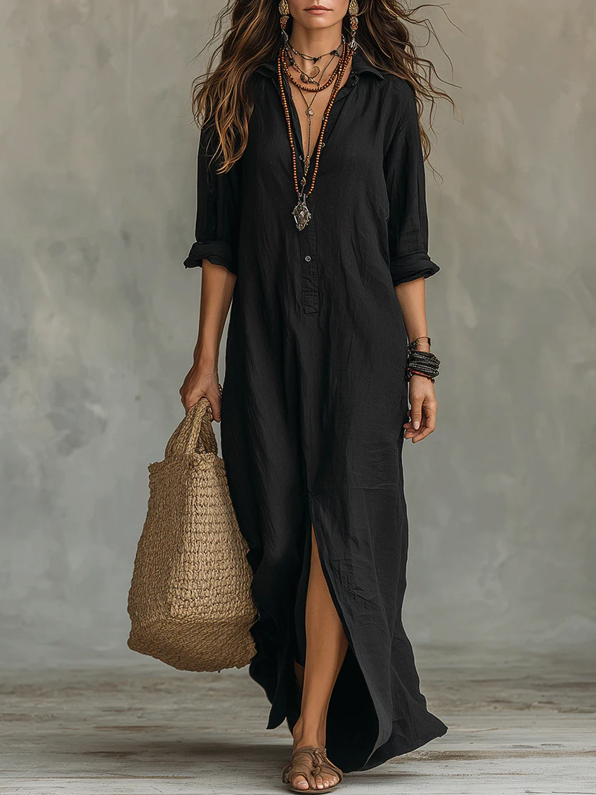 Soline™ | Relaxed Green Maxi Dress with Button Details