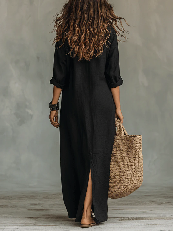 Soline™ | Button-Down Loose Black Maxi Dress