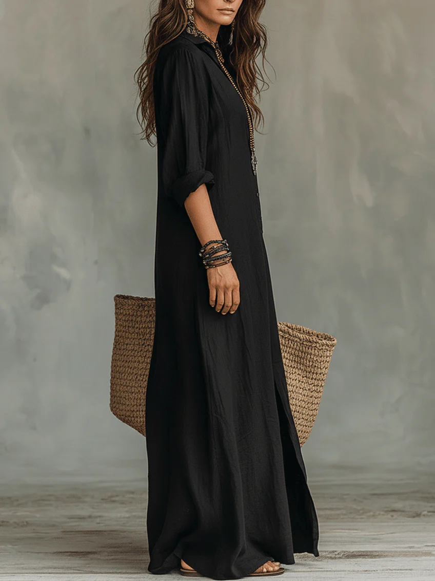 Soline™ | Button-Down Loose Black Maxi Dress