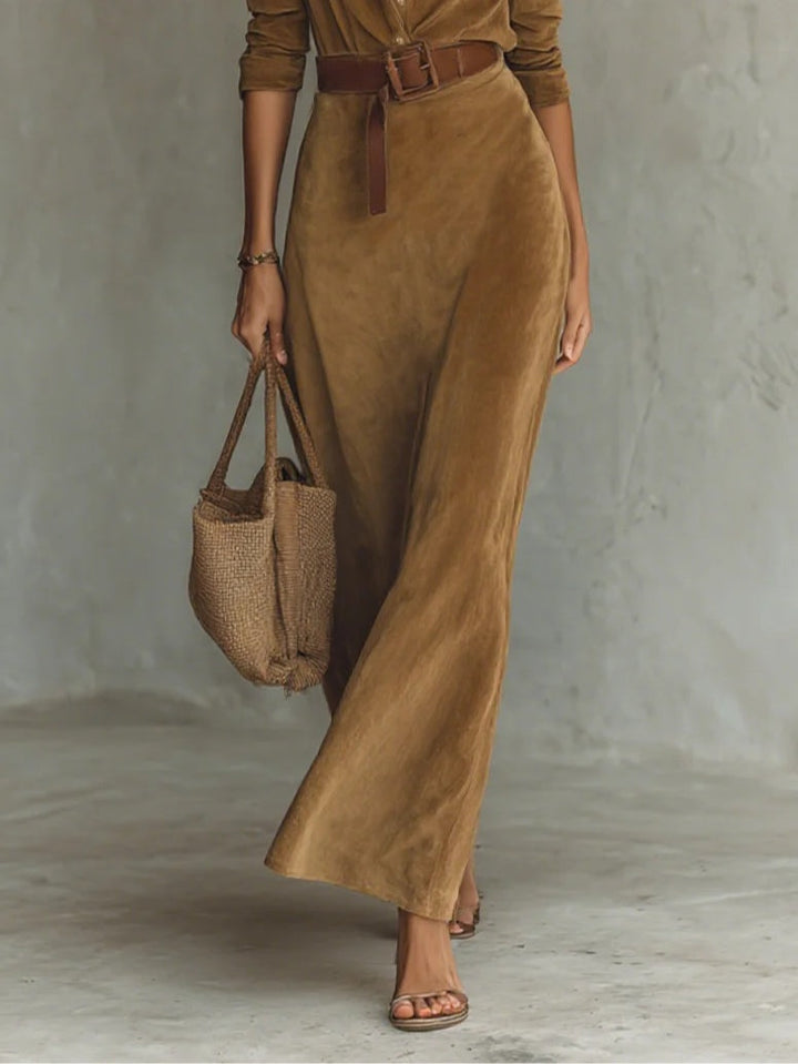 Juline™ | Lapel-Detail Suede Maxi Dress