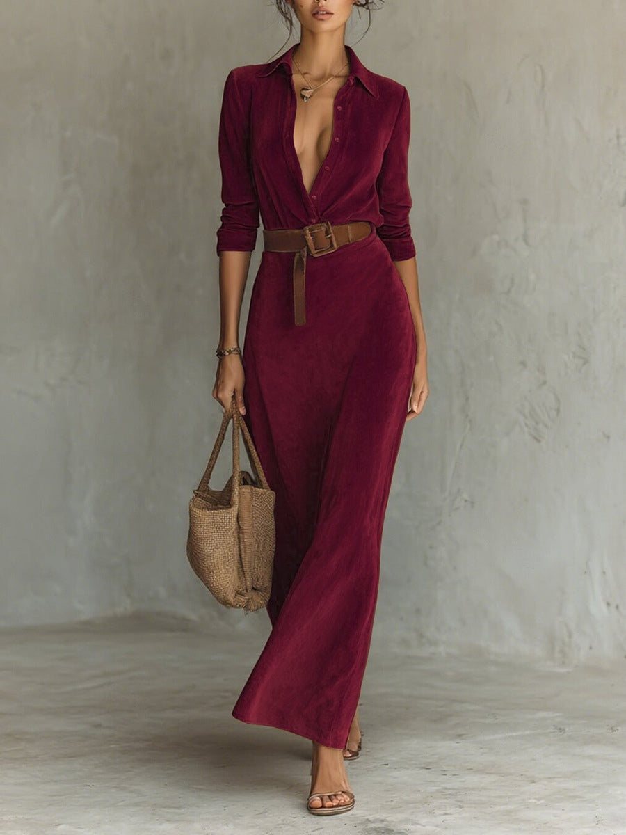 Juline™ | Lapel-Detail Suede Maxi Dress