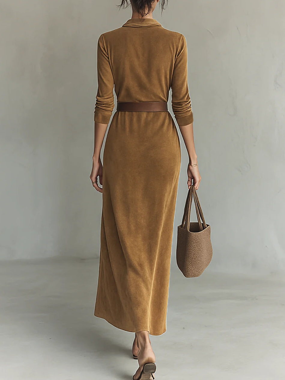 Juline™ | Lapel-Detail Suede Maxi Dress