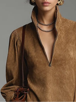 Lucienne™ | Elegant Suede Dress with Zipper Detail
