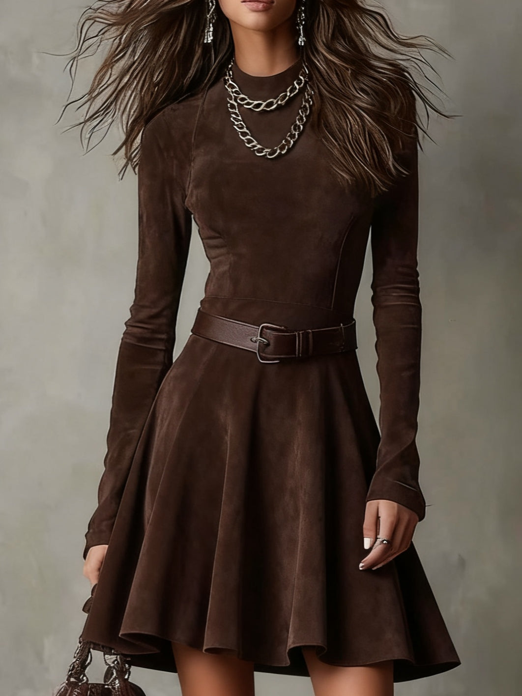Noémie™ Vintage Dark Brown Suede Mini Dress