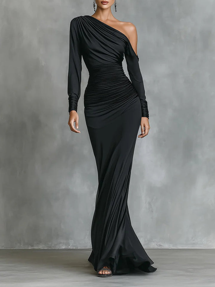 Célina™ | Black Satin One-Shoulder Maxi Dress