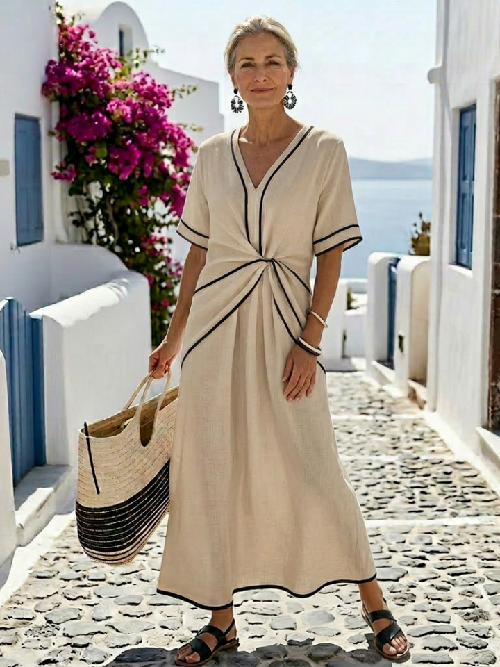 Linnea | Short Sleeve Midi Dress with V-Neck and Ruched Waist
