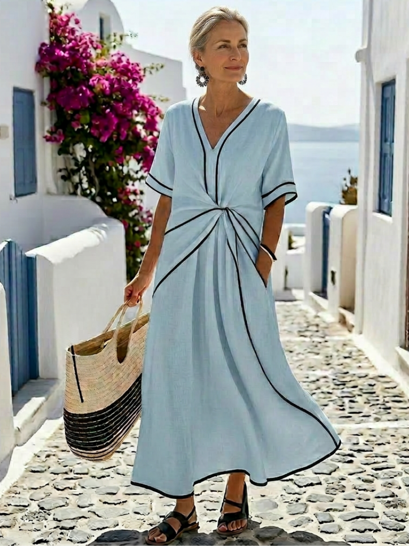 Linnea | Short Sleeve Midi Dress with V-Neck and Ruched Waist