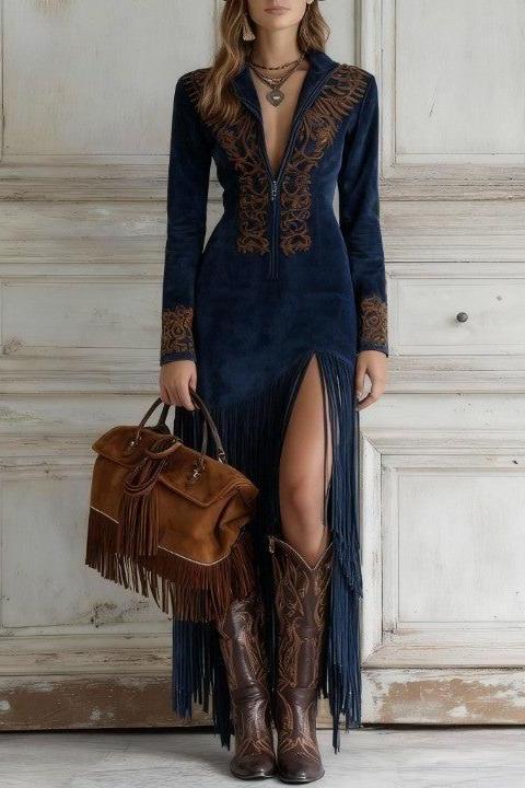 Ophelio Western Half-Zip Embroidered Faux Suede Fringe Maxi Dress