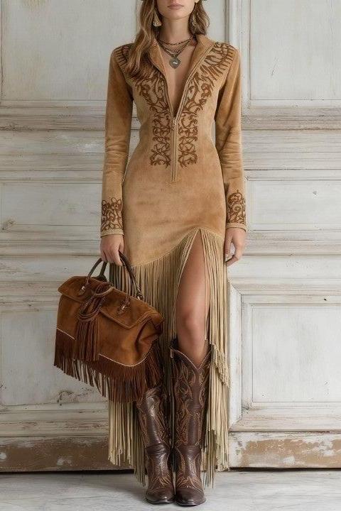Ophelio Western Half-Zip Embroidered Faux Suede Fringe Maxi Dress