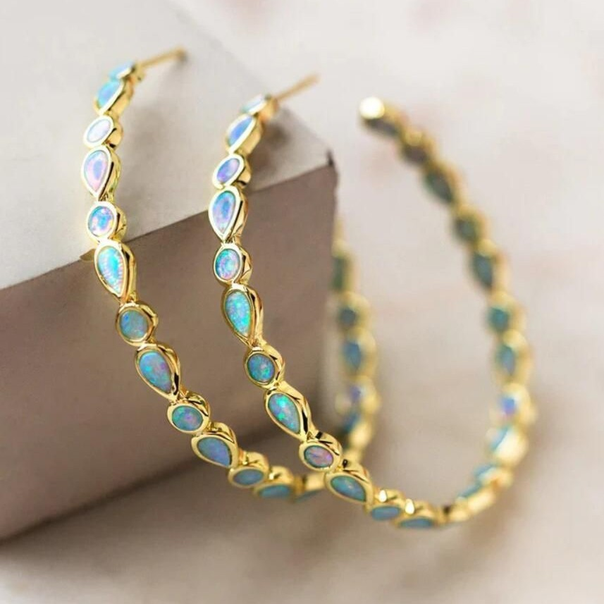 Vintage Blaue Opal Goldene Creolen Ohrringe