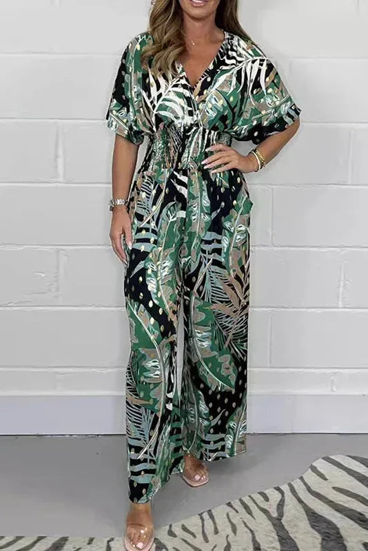 Elanor - Tropical Leaf Print Jumpsuit