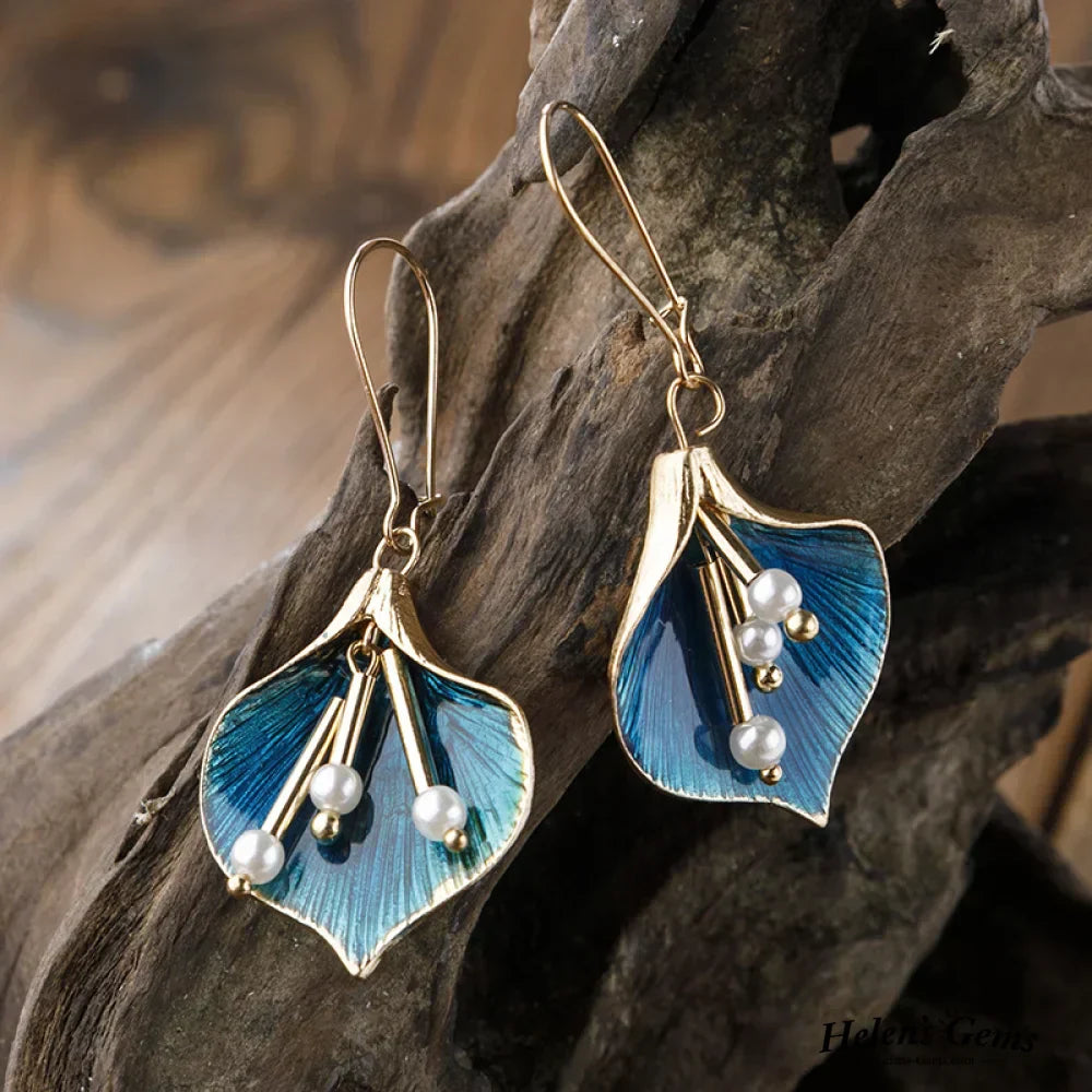 Vintage Blaue Lotus Silber Ohrringe